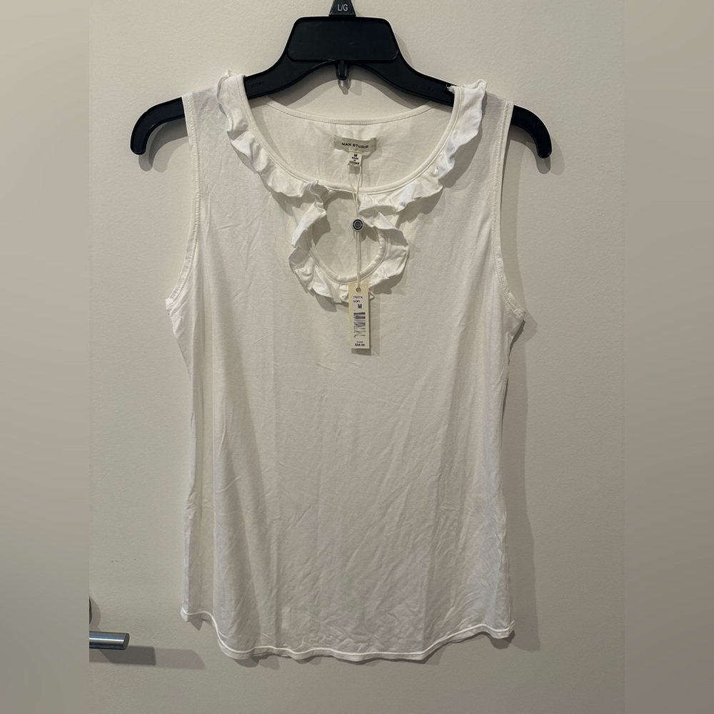 NWT Max Studio Tank Top White Ruffle Accent M